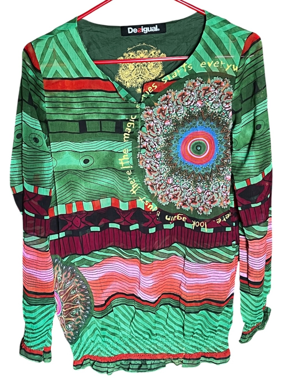 Desigual Green Multicolor Mandala Print Boho Long Sleeve Blouse Top size L